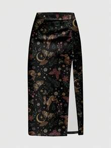 ROMWE Fairycore Falda con abertura alta de mujer talla grande, estilo gótico, oscuro y misterioso, con estampado de conejo, bosque, setas, sol, luna y estrellas - Negro - Ver 1