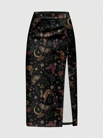 Fairycore Gonna lunga con spacchi alti, stile gotico, misterioso, con stampe di conigli, foresta, funghi, sole, luna e stelle, per taglie forti