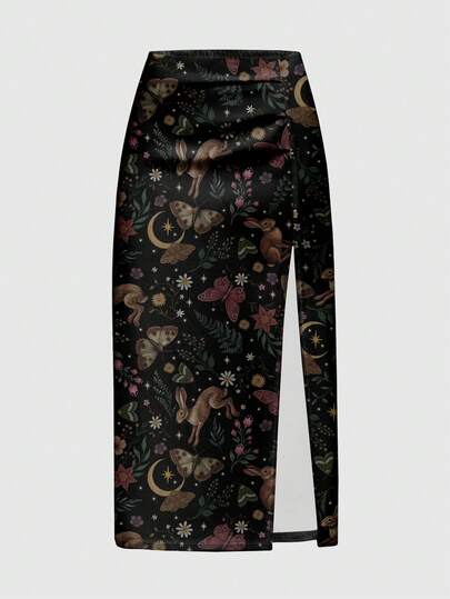 Fairycore Gonna lunga con spacchi alti, stile gotico, misterioso, con stampe di conigli, foresta, funghi, sole, luna e stelle, per taglie forti