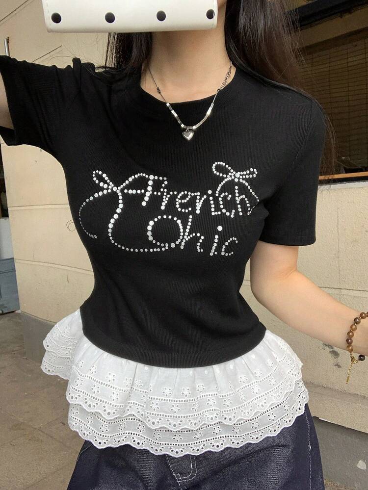 Women's Letter Print Round Neck Short Sleeve T-Shirt Graphic Tees Women