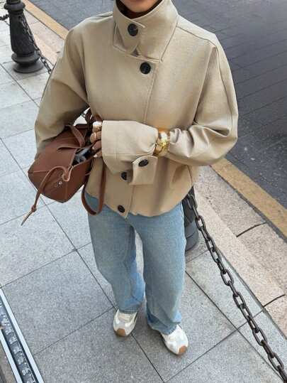 Elyressa Women's Solid Color Minimalist Long Sleeve Trench Coat, Everyday Wear