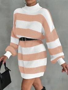 EURMUSE Women Drop Shoulder Sweater Dress With Striped Pattern - Coral Pink - View 5