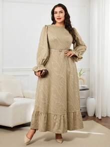 Modelyn Váy maxi Ả Rập dài tay thanh lịch viền bèo nhún màu trơn cỡ lớn dành cho nữ - Màu Khaki - Xem 5