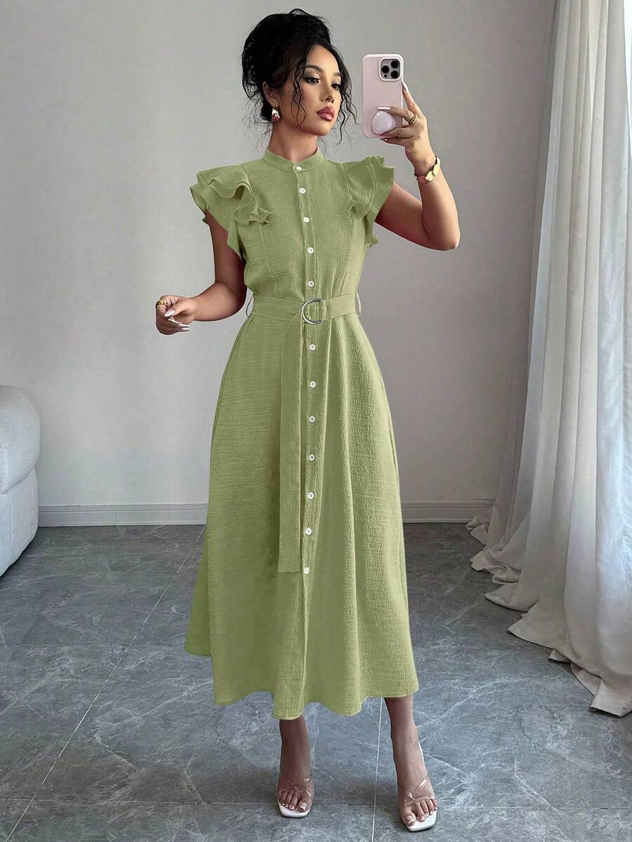 New Solid Color Lapel Ruffle Sleeve Cinched Waist Women Shirt Dress - Pastel Green - View 1