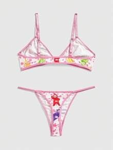 Teletubbies X ROMWE 3pcs Set: Cartoon Pattern Wireless Bra, Thong Panty, And Shorts - Multicolor - View 9