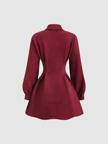 Sweetra Women's New Spring/Autumn Suitable For Outing, Vacation, Commuting, College Style Solid Color Suede Fabric Waist Pleated Design Mini A-Line Dress - Burgundy - View 2