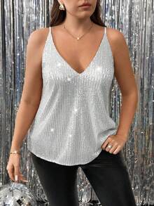 SHEIN Clasi Áo hai dây rộng size lớn nữ màu trơn đính sequin cho tiệc lễ hội, áo top sequin nữ màu bạc, áo tank top sequin nữ, áo top kim tuyến nữ, áo top sequin đính đá lấp lánh, áo mùa hè sexy - Bạc - Xem 5