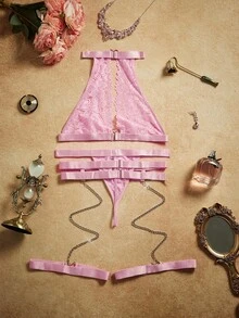 SHEIN Floral Lace Ring Linked Garter Lingerie Set With 1pair Leg Ring - Baby Pink - View 2