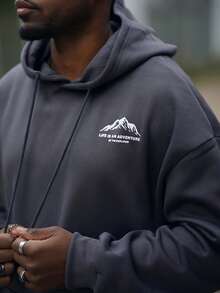 Heavens Edit 男士秋冬简约山地标语印花口袋抽绳连帽运动衫 - 深灰色 - 查看 4