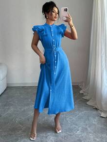 Elenzga Váy sơ mi nữ tay bèo nhún ve trơn màu mới, thắt eo - Màu xanh lam - Xem 6