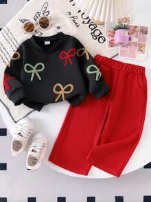 SHEIN 2pcs Baby Girls Colorful Bow Embroidered Sweatshirt And Green Pants Set, Fashionable Autumn Outfit - Red - View 1