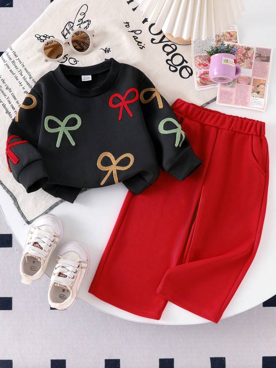 SHEIN 2pcs Baby Girls Colorful Bow Embroidered Sweatshirt And Green Pants Set, Fashionable Autumn Outfit - Red - View 1