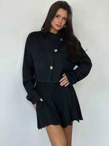 Firerie 女士黑色长袖开衫和百褶针织裙套装，优雅百搭，适合秋冬季通勤、约会、派对、婚礼等场合。 - 黑色 - 查看 7