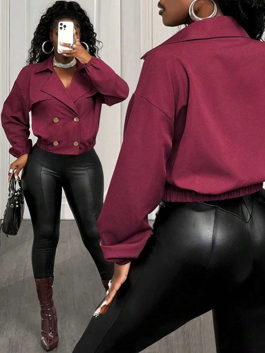 BamGleam Women's Fashion Double-Breasted Burgundy Jacket, Suitable For Commuting - Khaki - View 1