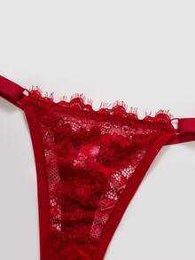 2pcs Women's Solid Color Fashionable Sexy Lace Thin Bra Set - Red - View 11