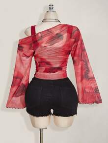 SHEIN ICON 大码女式扎染图案二合一上衣 - 酒紅色 - 查看 2