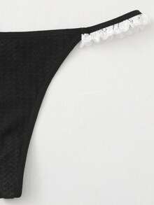 Contrast Lace Underwire Bra & Thong Lingerie Set, Kawaii - Black - View 3