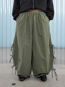 COUREZ 低腰宽松灯笼裤，带系带细节 / Y2K 外出穿搭 秋季女装 秋装 冬装 阔腿裤 - 軍綠色 - 查看 4