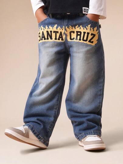 SUMWON Boys Wide Leg Pull On Denim Jeans With Santa Cruz Flame Graphics And Faded Wash Finish Casual Streetwear Bottoms