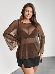 Firerie 女士优雅性感透视网纱露肩宽松上衣，饰有荷叶边，适合通勤、日常、约会、派对等场合，闪亮夺目，是2024年春夏度假、郊游、音乐节、购物、约会、鸡尾酒会的理想之选（无胸围尺寸） - 棕色 - 查看 4