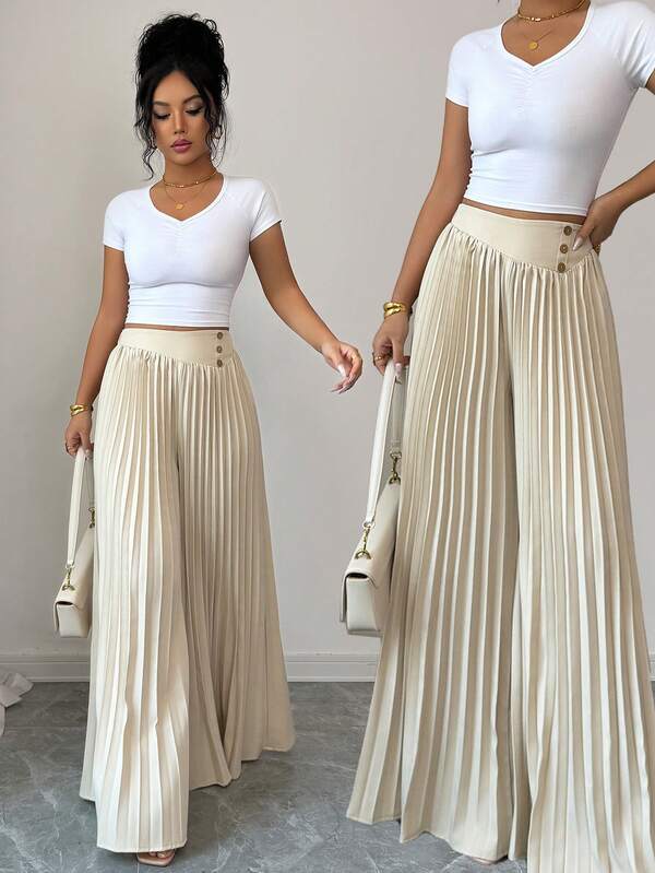 Elenzga Women's Elegant High-Waisted Button Pleated Wide-Leg Pants, Accentuating Body Curves And Showcasing Refined Elegance. Suitable For Various Occasions, From Formal Work Attire And Commuting, To Sexy Outfits, Romantic French Style, Casual Outings, Vacations, Middle Eastern Vintage-Themed Events, Cozy Afternoon Tea Gatherings, Glamorous Parties, As Well As New Year, Thanksgiving, Christmas, Valentine's Day And Other Holiday Celebrations.