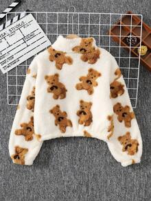 SHEIN Tween Girls' Loose Casual Fluffy Zip-Up Long Sleeve Jacket, Fuzzy Jacket, Teddy Bear Clothes, Teddy Bear Print Jacket, Teddy Bear Jacket, Plush Jacket - White - View 5