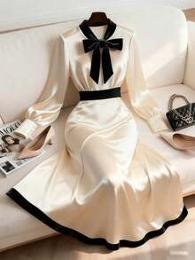 Franclia 女士休闲圆领蝴蝶结腰部拼接长袖中长连衣裙 - 杏色 - 查看 1