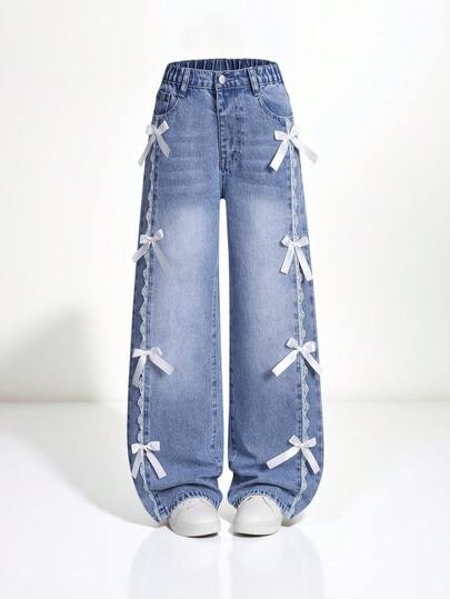 SHEIN Explorewe 女童蓝色水洗蕾丝边白色蝴蝶结休闲阔腿牛仔裤，居家、日常、外出、旅行和度假皆宜