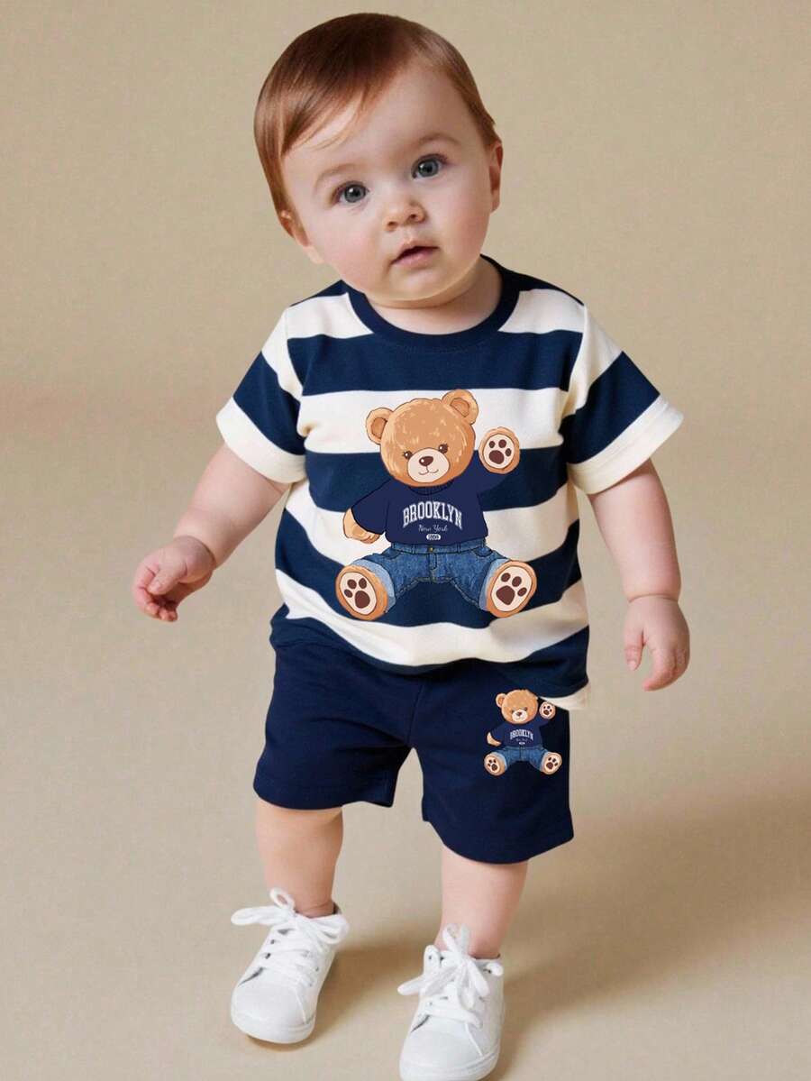 SHEIN Playful Pals Baby Boy Fashionable & Comfortable Casual Crew Neck Short Sleeve T-Shirt Set, Featuring Cute Bear & Striped Allover Print Design, Loose Fit Crew Neck Tee, Spring/Summer Outfit, Streetwear, Suitable For Outdoor Picnic, Street Photography, Campus, Holidays, Gifts - Multicolor - View 1