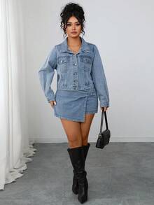 Elenzga Chaqueta vaquera vintage lavada para mujer de talla grande, otoño/invierno - Lavado ligero - Ver 4