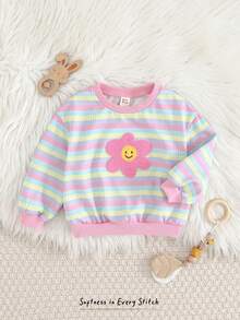 Cozy Pixies 女婴彩色条纹花卉刺绣圆领长袖套头卫衣，舒适、百搭、时尚、可爱、休闲，适合日常穿着