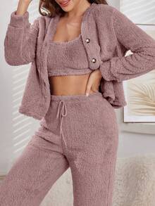 SHEIN 3件套女士休闲毛绒纯色背心、裤子和外套套装，秋冬可爱家居服套装，舒适保暖，长袖家居服套装，舒适套装 - 藕粉色 - 查看 5