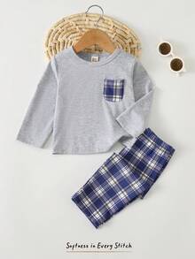 Cozy Pixies 2pcs Baby BoyCasual Set, Contrast Color Patch Pocket Crew Neck Soft Knit Sweater And Elastic Waist Classic Plaid Pants - Multicolor - View 8