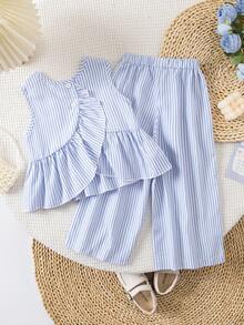 2pcs/Set Girls Elegant Bowknot Sleeveless Top And Wide Leg Pants Set - Baby Blue - View 2