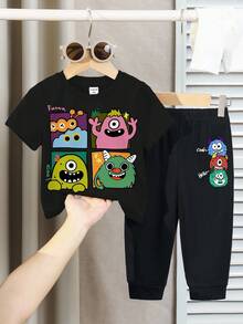 2件套男童休闲简约圆领短袖上衣和裤子套装 - 黑色 - 查看 2