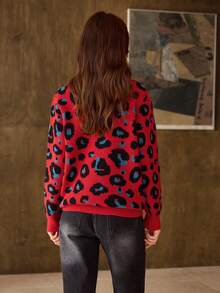 Hansera Women's Leopard Jacquard Knit Pullover Sweater, Crew Neck, Long Sleeve, Thick Knit, Mid-Length, Winter,Leopard Print,Red,Red Top,Winter Clothes For Women,Christmas,Christmas Sweater - Red - View 2