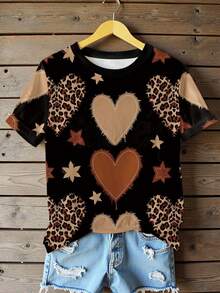 Women's Colorblock Leopard Heart Pattern Casual Round Neck Short Sleeve T-Shirt, Comfortable For Daily Wear - Multicolor - View 3