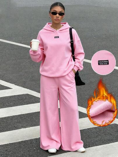 Muchica مجموعة هوديي وبنطلون رياضي مبطن للنساء، فضفاضة وعادية، باللون الوردي، مناسبة للخريف والشتاء، ملابس دافئة وناعمة للنساء