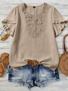 EMERY ROSE Women's Plus Size Woven Casual Summer Boho Blouse - Apricot - View 1