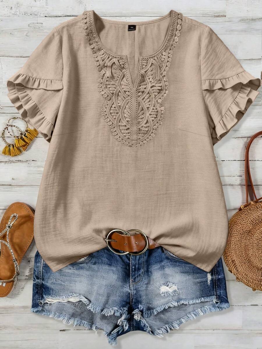 EMERY ROSE Women's Plus Size Woven Casual Summer Boho Blouse - Apricot - View 1
