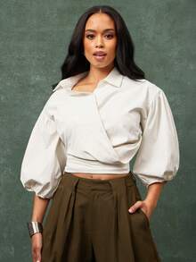 Vixey Áo dài tay xếp ly cổ bẻ cạp chun - trắng - Xem 2