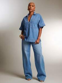 Denimoi 女士翻领短袖口袋休闲宽松牛仔衬衫 - 藍色 - 查看 2