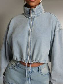 Denimoi Elastic Waist Toggle High Neck Zip Front Cropped Denim Jacket - Light Wash - View 2