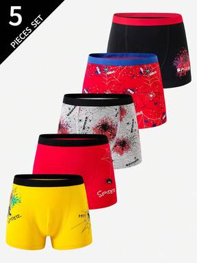 Toddler Boys Spider Underwear 5-Pack - Multi-Color Spider Print Underwear 5-Pack Spider Print Design Multi-Color Cool Color Boxer Comfort Underwear 5-Pack Combo Social Media Style Cool 2026 New Year Holiday Essential Spring Summer Autumn Winter Four Season Little Boys Spider Print Underwear Set