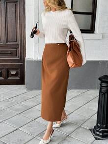 Pariaura 女士新款针织毛衣及开衩半裙套装，别致法式通勤装，秋冬必备 - 駝色 - 查看 7