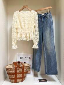 SHEIN Frenchy Women's Elegant French-Style Fitted Waist Solid Color 3D Floral Long-Sleeved Blouse, Spring Women's Clothing, Summer Women's Clothing, Beachwear, Outdoor Top, Women's Elegant Blouse, Women's Vacation Wear, Women's White Top,Valentine Clothes ,Summer Holiday Outfits Resort - Apricot - View 5