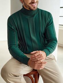 Manfinity Homme 男士纯色高领长袖休闲毛衣，秋冬季 - 墨綠色 - 查看 2