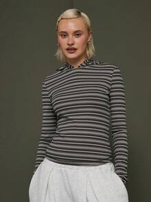 COUREZ Langärmliges, tailliertes Kapuzenshirt mit Streifenmuster / Herbst/Winter-Kleidung für Damen, Ausgeh-Tops, Party-Tops, Sommer-Tops, Streetwear-Langarm-Tops