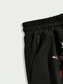 ROMWE MEN Goth Men's Casual Contrast Color Print Drawstring Sweatpants - Black - View 3