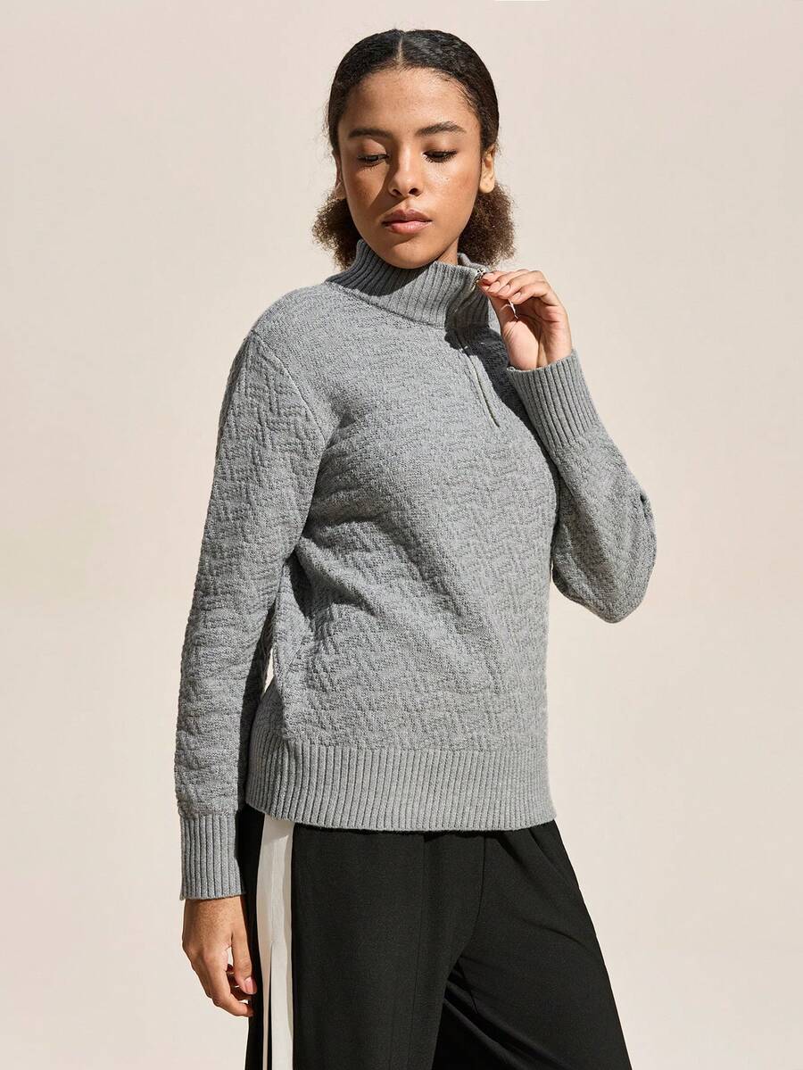 Exploreva Women's Solid Color Long Sleeve Half Turtleneck Zipper Sweater - Grey - View 1
